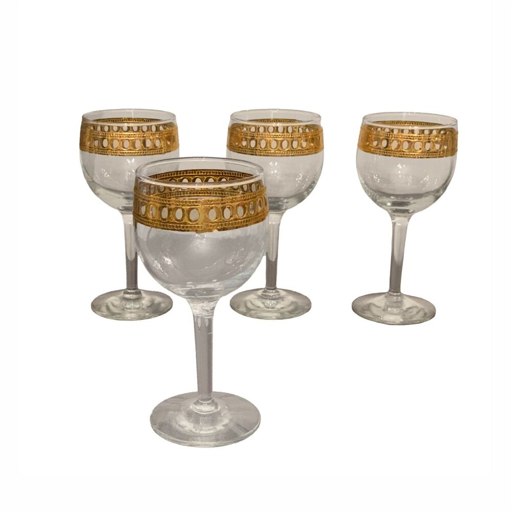 Vintage Culver Gold Wine Glasses Set of 4 MCM Stemmed Cordial Goblets